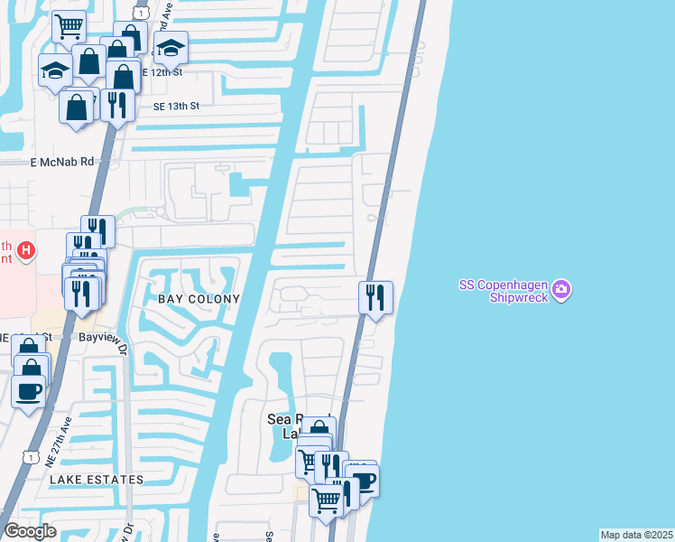 map of restaurants, bars, coffee shops, grocery stores, and more near 2040 Coral Reef Drive in Pompano Beach