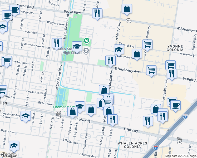 map of restaurants, bars, coffee shops, grocery stores, and more near 601 East Ebony Avenue in McAllen