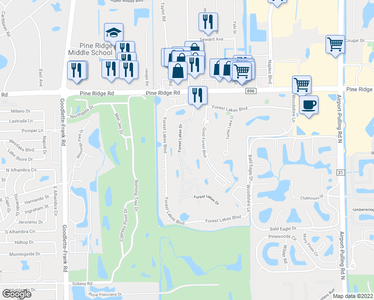 map of restaurants, bars, coffee shops, grocery stores, and more near 1087 Forest Lakes Drive in Naples