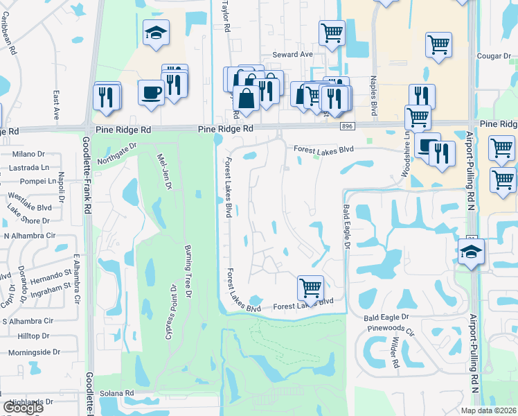 map of restaurants, bars, coffee shops, grocery stores, and more near 1087 Forest Lakes Drive in Naples