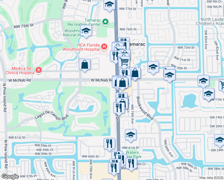 map of restaurants, bars, coffee shops, grocery stores, and more near 6751 North University Drive in Pompano Beach