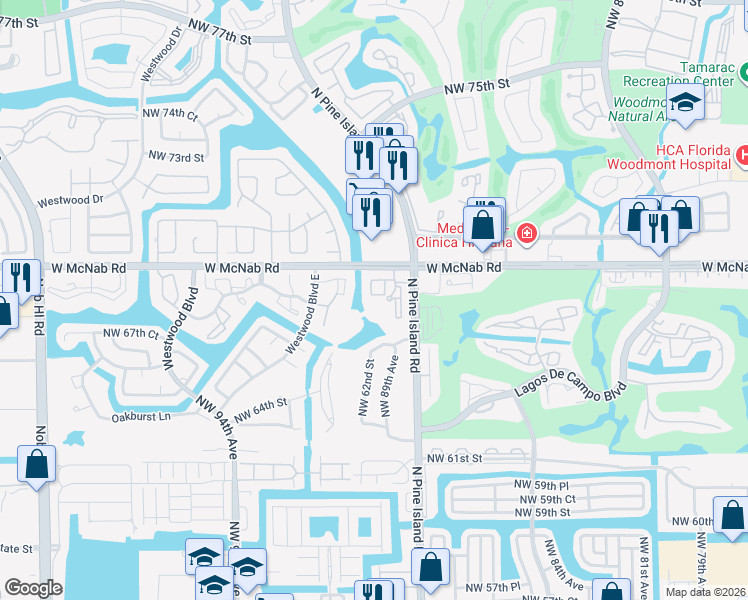 map of restaurants, bars, coffee shops, grocery stores, and more near 8826 West McNab Road in Tamarac