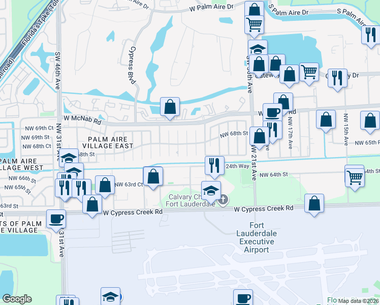 map of restaurants, bars, coffee shops, grocery stores, and more near 6700 Northwest 25th Way in Fort Lauderdale