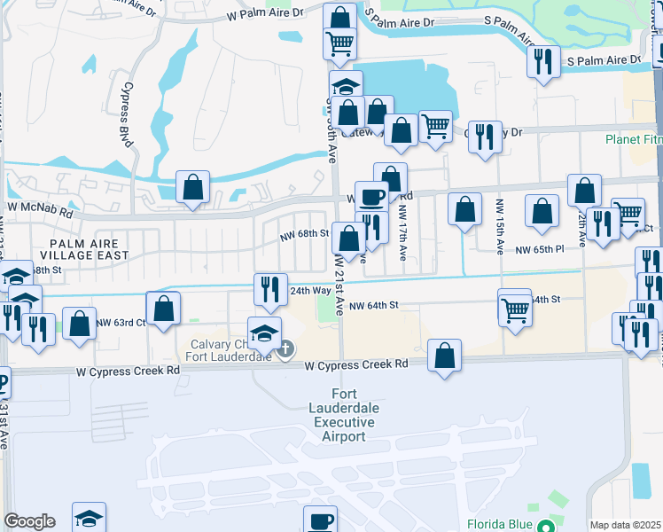 map of restaurants, bars, coffee shops, grocery stores, and more near 2100 Northwest 67th Court in Fort Lauderdale