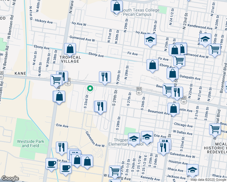map of restaurants, bars, coffee shops, grocery stores, and more near 2917 U.S. 83 Business in McAllen