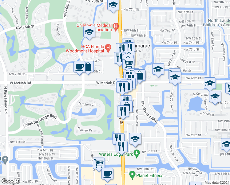 map of restaurants, bars, coffee shops, grocery stores, and more near 6751 North University Drive in Tamarac
