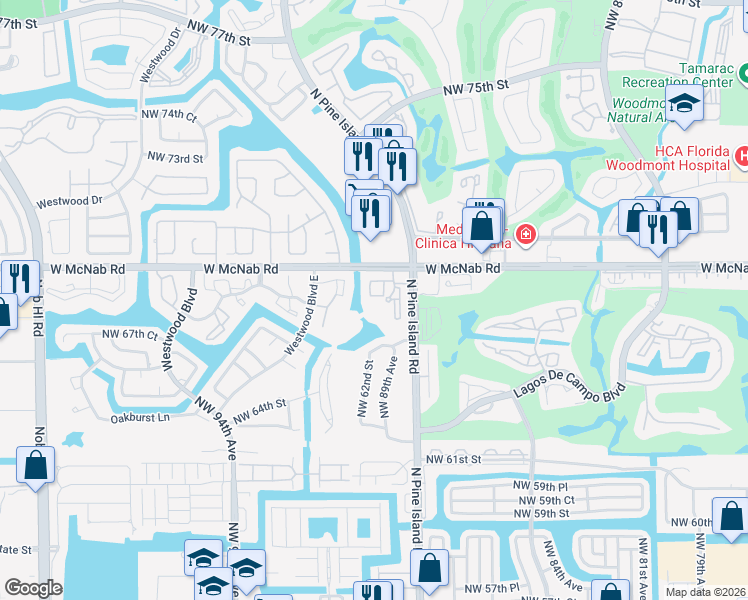 map of restaurants, bars, coffee shops, grocery stores, and more near 8826 West McNab Road in Tamarac