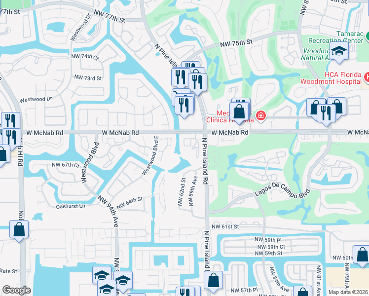 map of restaurants, bars, coffee shops, grocery stores, and more near 9070 Lime Bay Boulevard in Tamarac