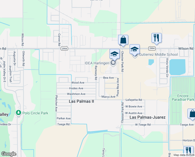 map of restaurants, bars, coffee shops, grocery stores, and more near 17782 Woods Road in Harlingen