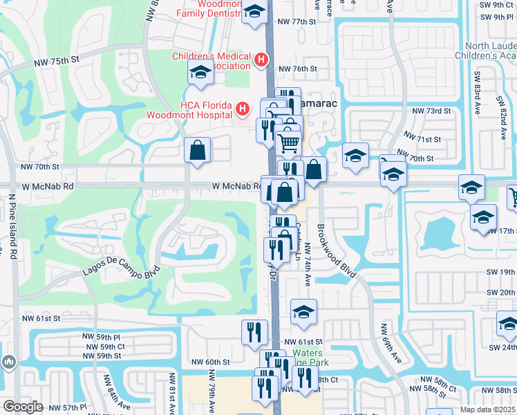 map of restaurants, bars, coffee shops, grocery stores, and more near 6751 North University Drive in Tamarac