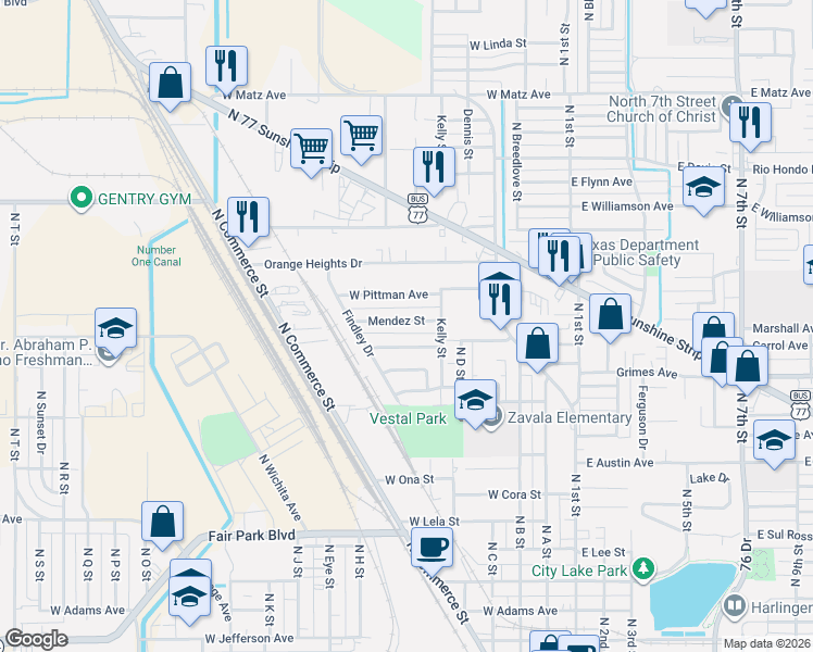 map of restaurants, bars, coffee shops, grocery stores, and more near 710 West Lozano Street in Harlingen