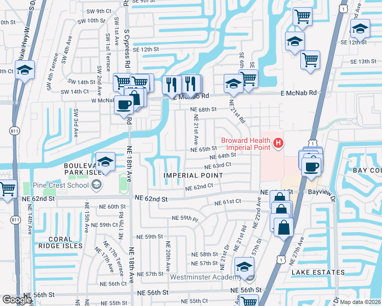 map of restaurants, bars, coffee shops, grocery stores, and more near 2070 Northeast 64th Street in Fort Lauderdale