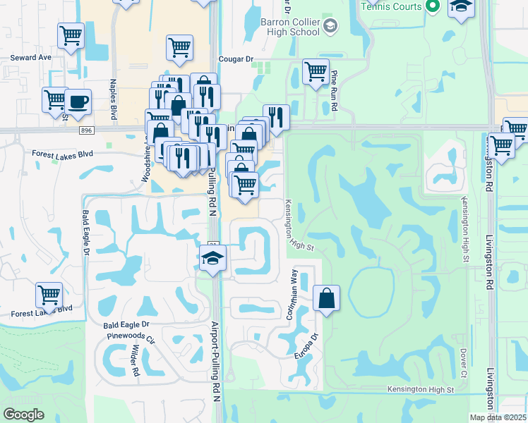 map of restaurants, bars, coffee shops, grocery stores, and more near 5004 Rustic Oaks Circle in Naples