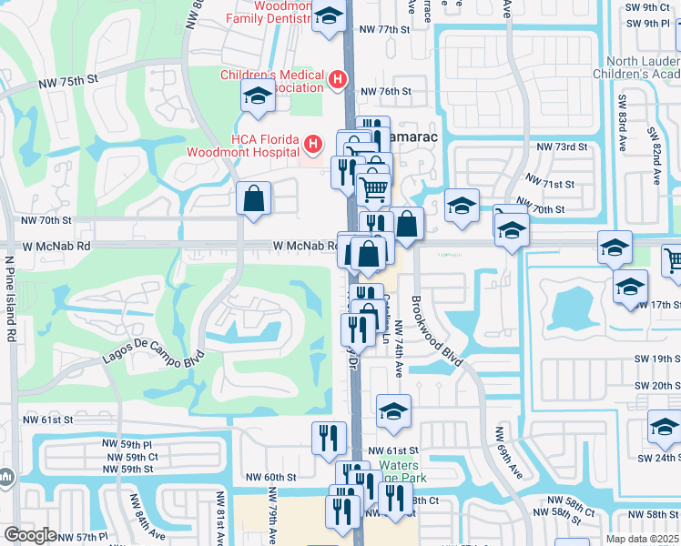 map of restaurants, bars, coffee shops, grocery stores, and more near 6751 North University Drive in Tamarac