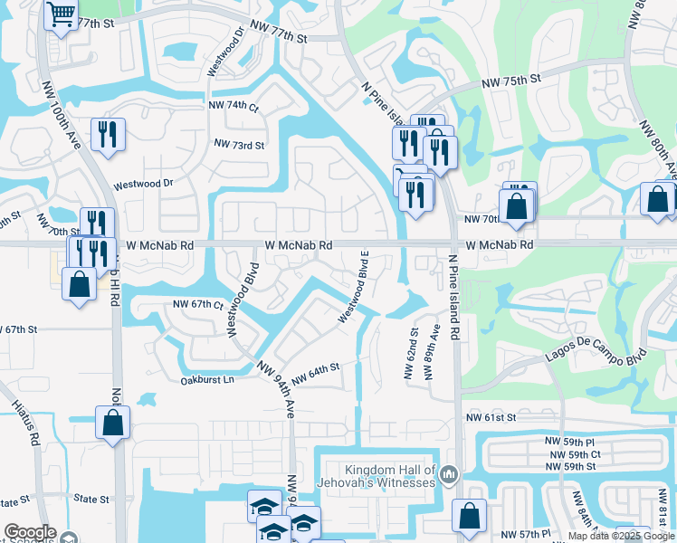 map of restaurants, bars, coffee shops, grocery stores, and more near 9203 Northwest 68th Street in Tamarac