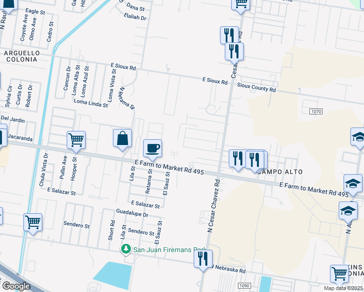 map of restaurants, bars, coffee shops, grocery stores, and more near 1101 East Farm to Market Road 495 in San Juan