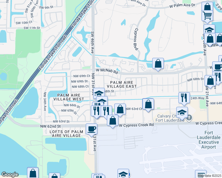 map of restaurants, bars, coffee shops, grocery stores, and more near 6728 Northwest 29th Way in Fort Lauderdale