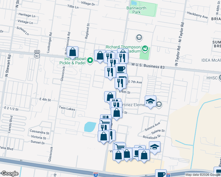 map of restaurants, bars, coffee shops, grocery stores, and more near 511 North Shary Road in Mission