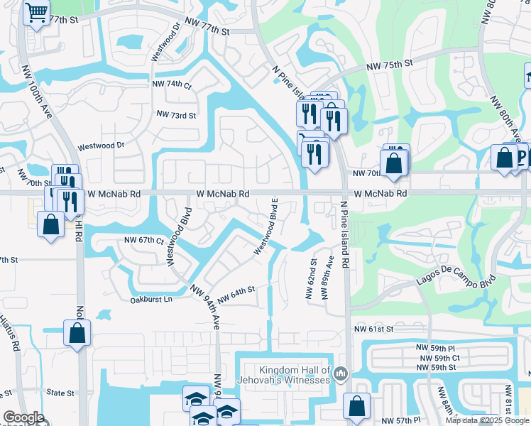 map of restaurants, bars, coffee shops, grocery stores, and more near 9203 Northwest 68th Street in Tamarac
