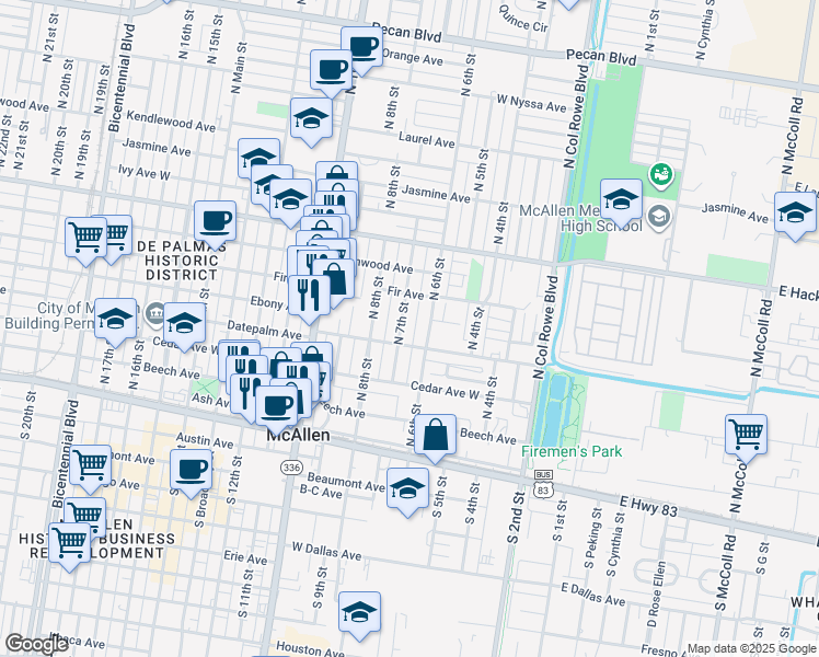 map of restaurants, bars, coffee shops, grocery stores, and more near 324 North 7th Street in McAllen