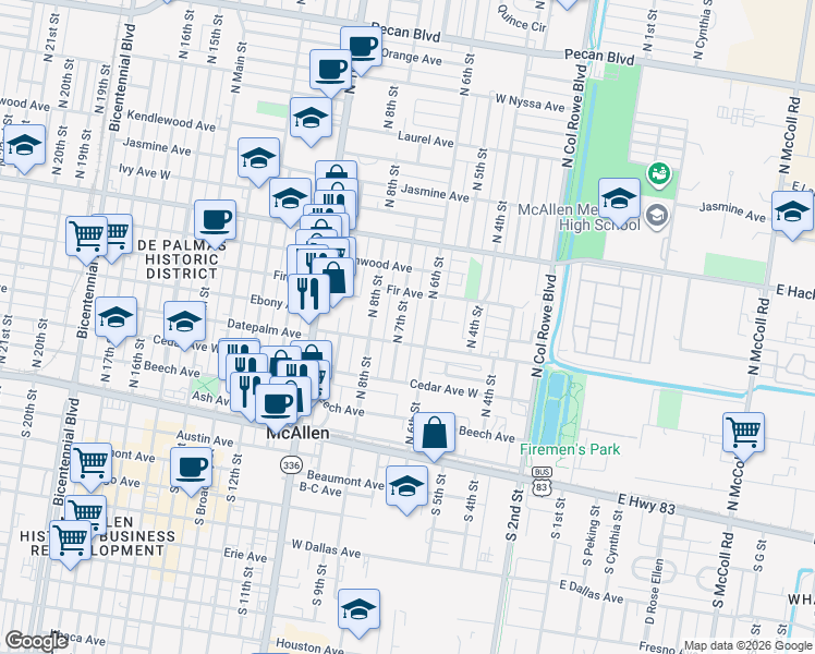 map of restaurants, bars, coffee shops, grocery stores, and more near 412 North 7th Street in McAllen