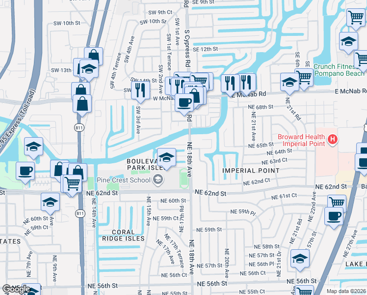 map of restaurants, bars, coffee shops, grocery stores, and more near 1721 Northeast 63rd Court in Fort Lauderdale