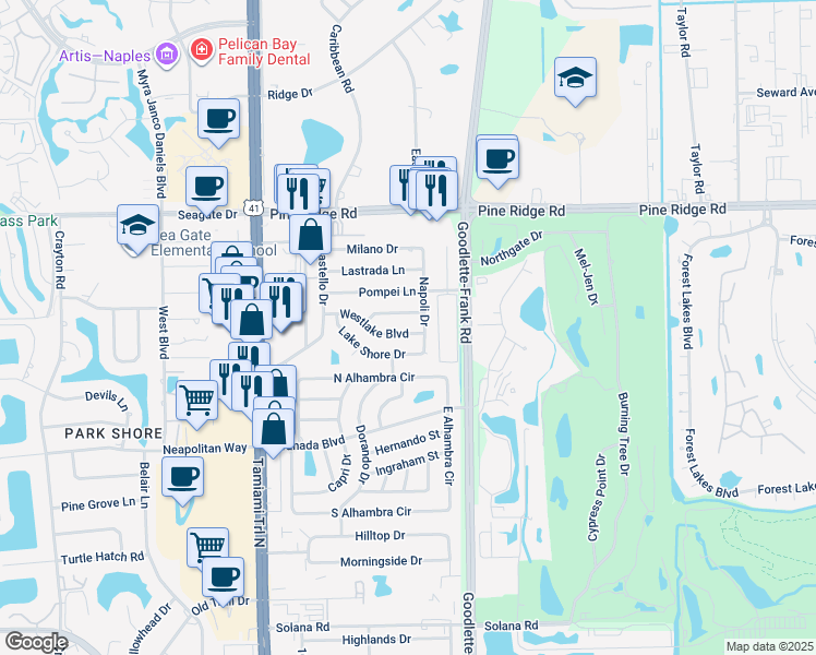 map of restaurants, bars, coffee shops, grocery stores, and more near 1289 Lake Shore Drive in Naples