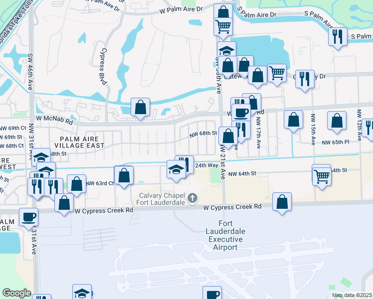 map of restaurants, bars, coffee shops, grocery stores, and more near 2440 Northwest 67th Court in Fort Lauderdale