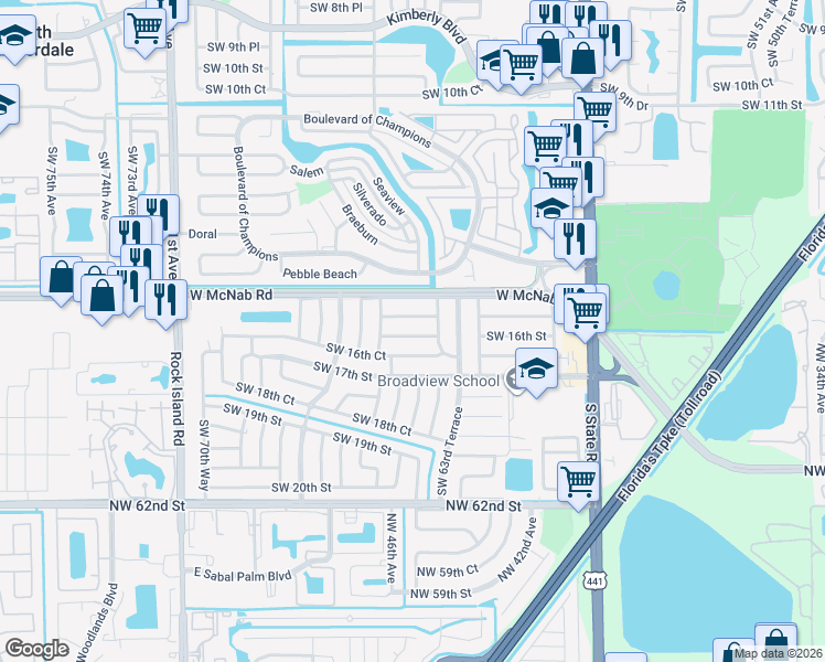 map of restaurants, bars, coffee shops, grocery stores, and more near 6441 Southwest 16th Street in Pompano Beach