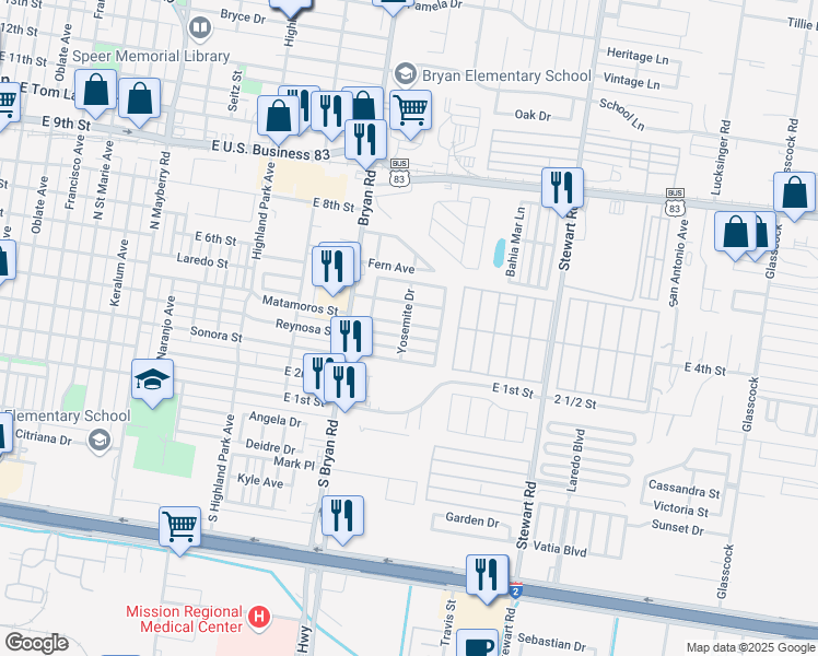 map of restaurants, bars, coffee shops, grocery stores, and more near 1500 North Yosemite Drive in Mission