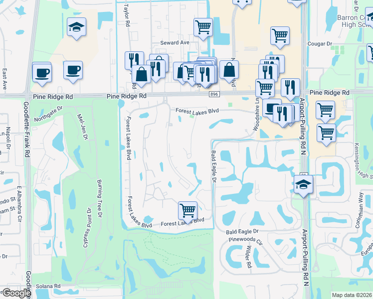 map of restaurants, bars, coffee shops, grocery stores, and more near 180 Turtle Lake Court in Naples