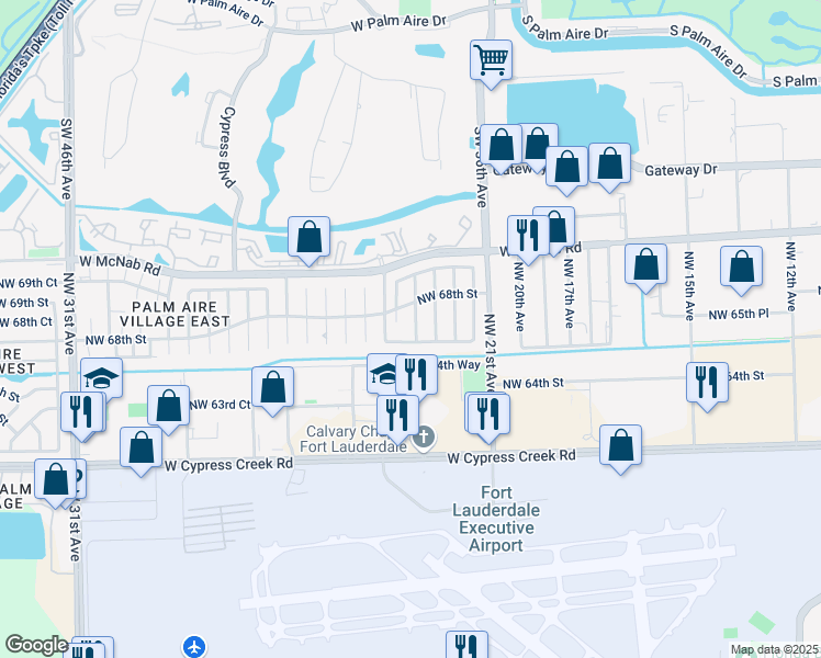 map of restaurants, bars, coffee shops, grocery stores, and more near 2440 Northwest 67th Court in Fort Lauderdale