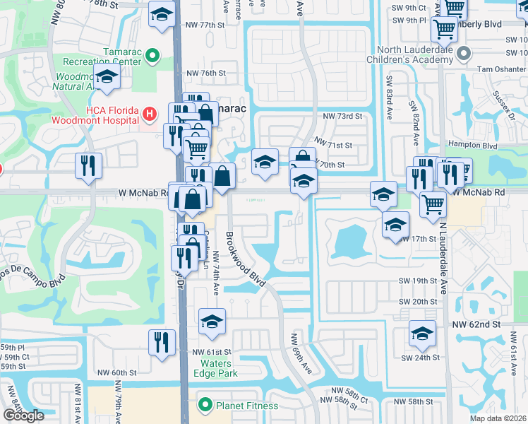 map of restaurants, bars, coffee shops, grocery stores, and more near 6700 Northwest 71st Avenue in Tamarac