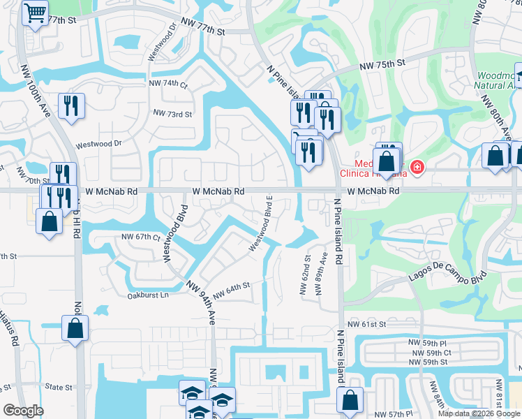 map of restaurants, bars, coffee shops, grocery stores, and more near 9203 Northwest 68th Street in Tamarac