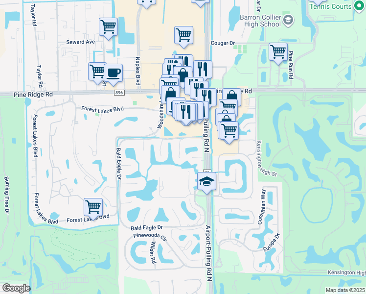 map of restaurants, bars, coffee shops, grocery stores, and more near 1605 Spoonbill Lane in Naples