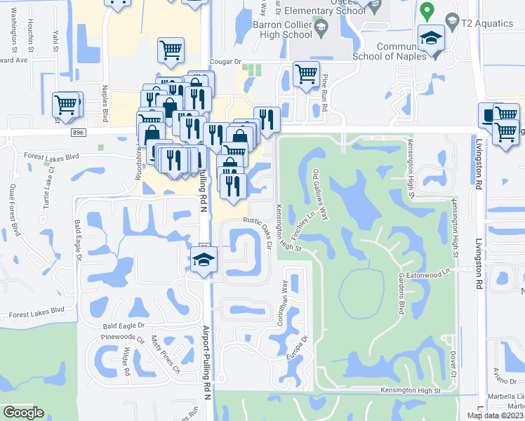 map of restaurants, bars, coffee shops, grocery stores, and more near 5004 Rustic Oaks Circle in Naples
