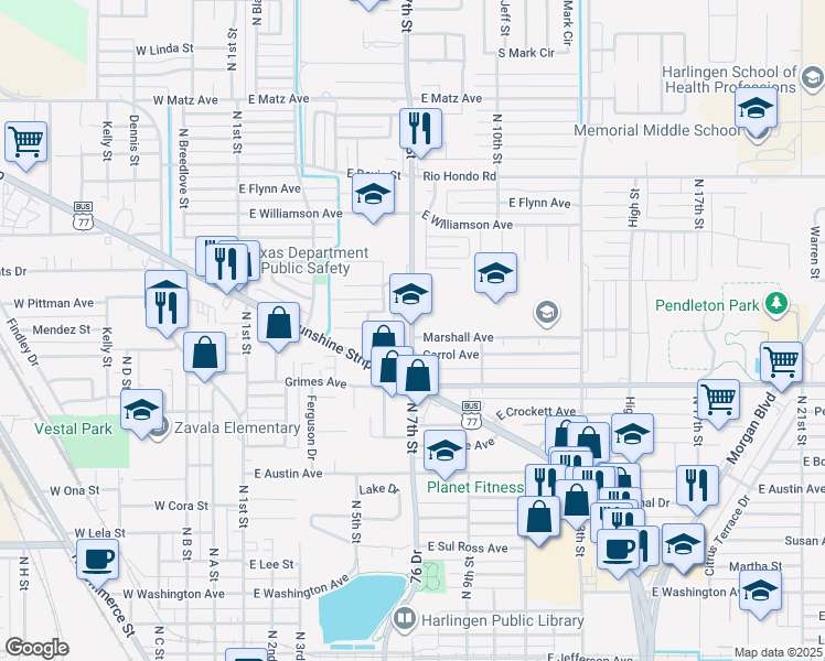 map of restaurants, bars, coffee shops, grocery stores, and more near 1438 North 7th Street in Harlingen