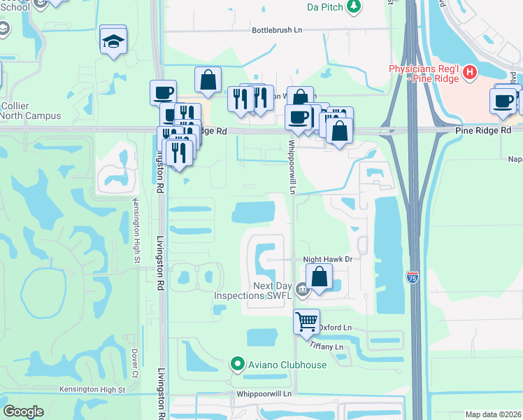 map of restaurants, bars, coffee shops, grocery stores, and more near 1301 Whippoorwill Lane in Naples
