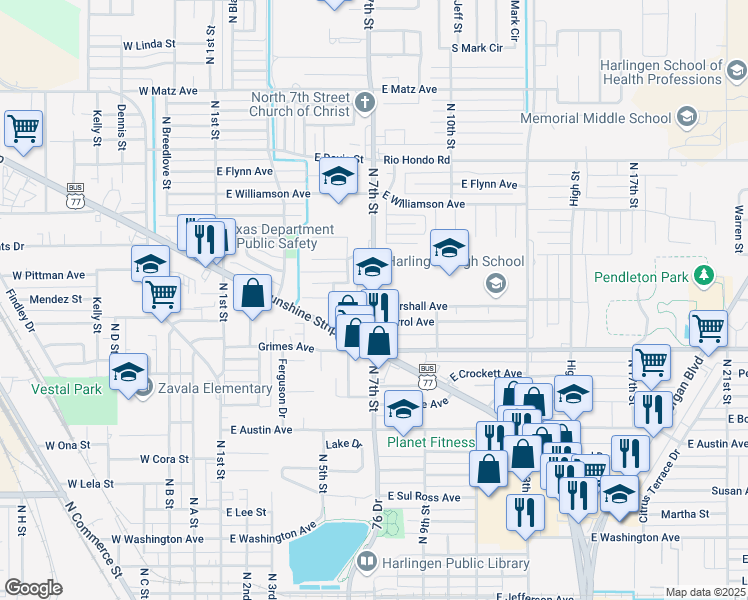 map of restaurants, bars, coffee shops, grocery stores, and more near 1438 North 7th Street in Harlingen