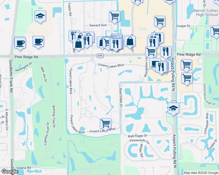 map of restaurants, bars, coffee shops, grocery stores, and more near 180 Turtle Lake Court in Naples