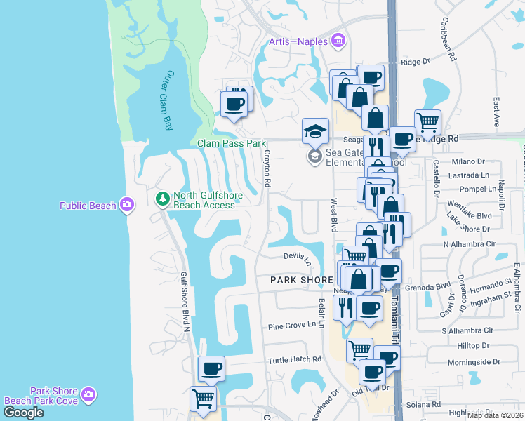 map of restaurants, bars, coffee shops, grocery stores, and more near 4711 Crayton Road in Naples