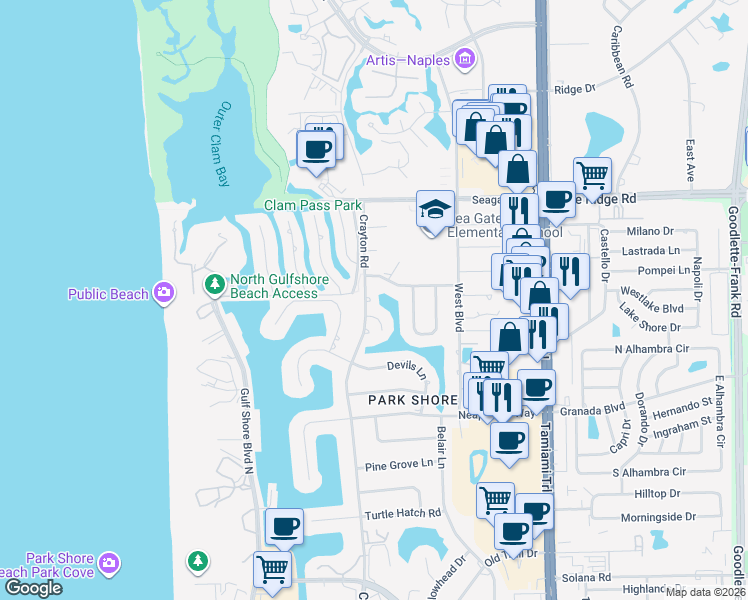 map of restaurants, bars, coffee shops, grocery stores, and more near 522 Whispering Pine Lane in Naples