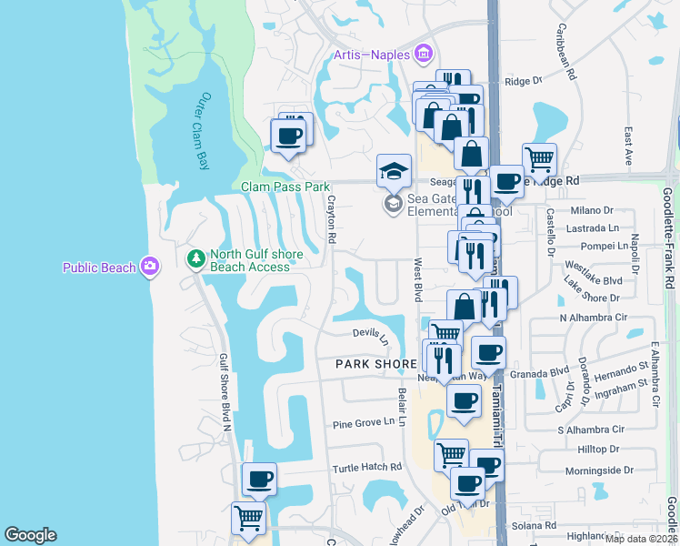 map of restaurants, bars, coffee shops, grocery stores, and more near 5051 Seagate Drive in Naples