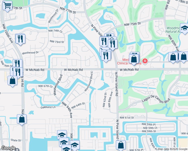 map of restaurants, bars, coffee shops, grocery stores, and more near 9081 East Westwood Boulevard in Tamarac