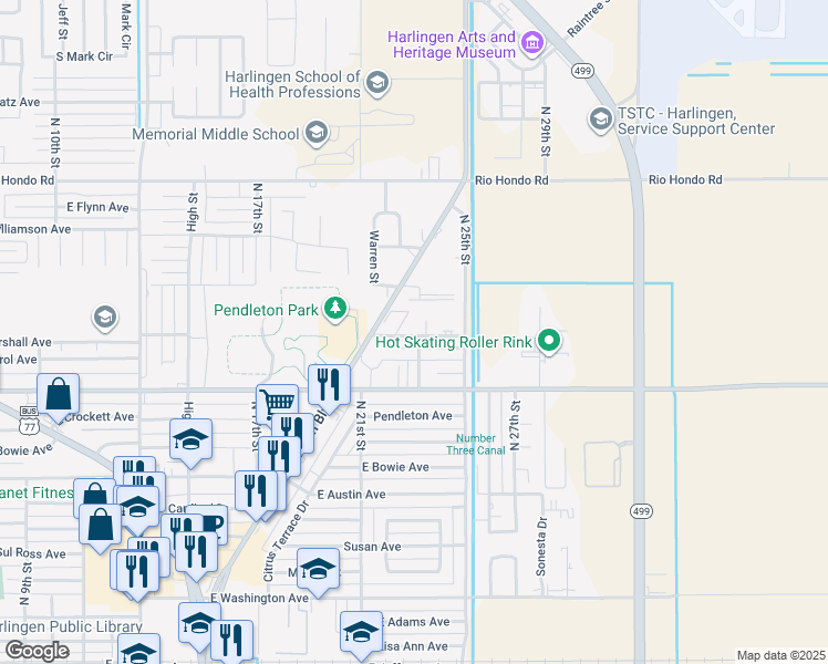 map of restaurants, bars, coffee shops, grocery stores, and more near 1505 North 25th Street in Harlingen