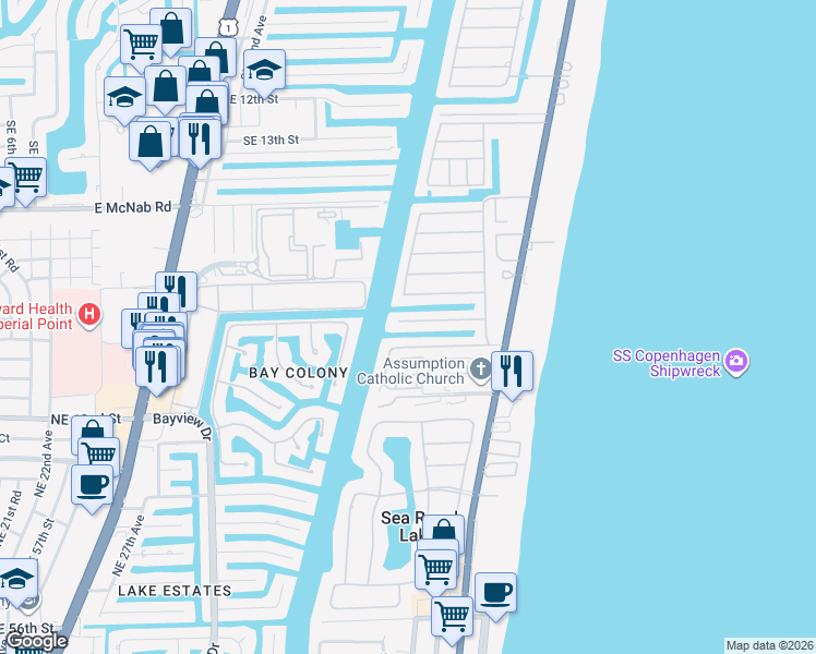 map of restaurants, bars, coffee shops, grocery stores, and more near 1920 Waters Edge in Pompano Beach