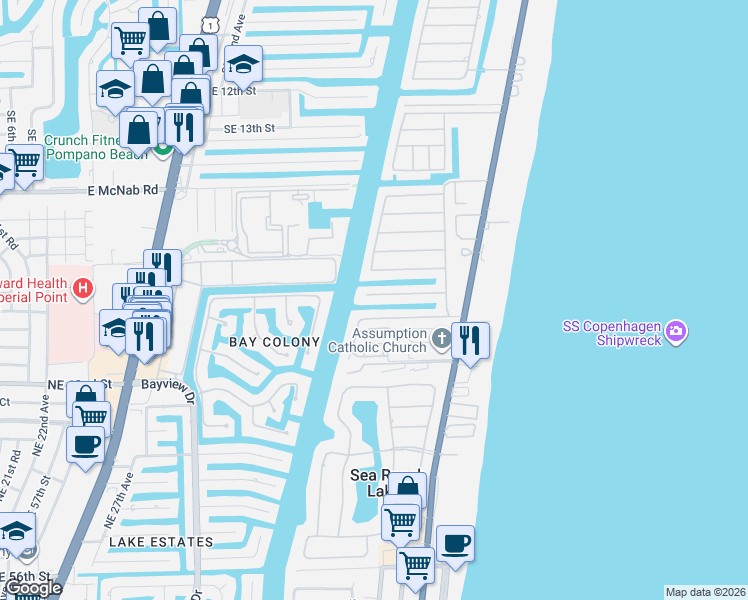 map of restaurants, bars, coffee shops, grocery stores, and more near 1920 Waters Edge in Pompano Beach