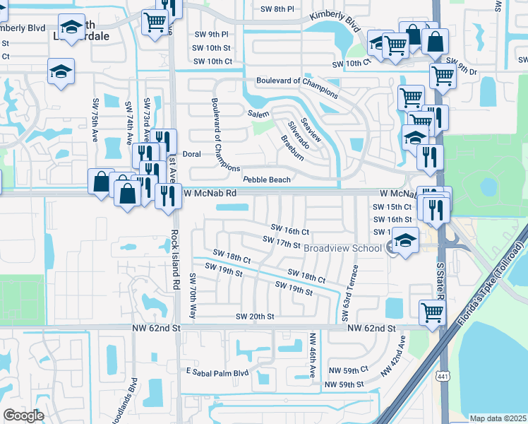 map of restaurants, bars, coffee shops, grocery stores, and more near 1511 Southwest 68th Way in North Lauderdale