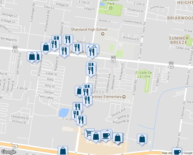 map of restaurants, bars, coffee shops, grocery stores, and more near 609 Sycamore Avenue in Mission
