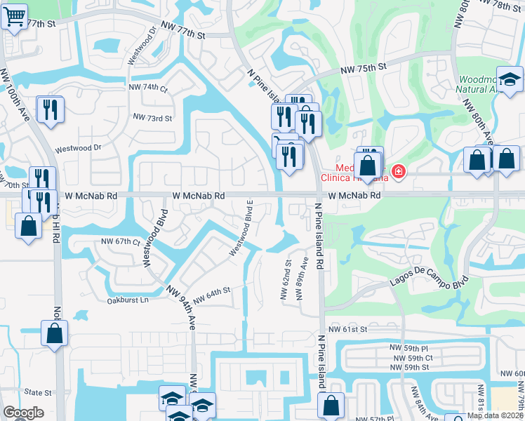 map of restaurants, bars, coffee shops, grocery stores, and more near 9081 East Westwood Boulevard in Tamarac